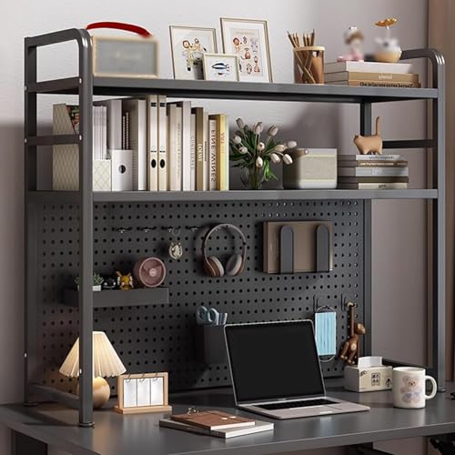 Bücherregal für Desktop-Aufbewahrung, 1–2 Etagen, Brett mit Löchern, Stahlrahmenmaterial, stabil und tragfähig, für Computertisch, Schlafsaal, Büro, Zuhause, Schwarz, 75 x 20 x 98 cm