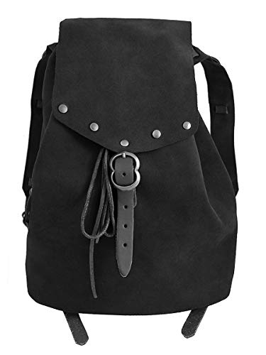 Andracor – hochwertiger und geräumiger Vintage Wanderrucksack aus echtem Leder – ideal für LARP, Cosplay, Fantasy und Weltenbummler – schwarz mit schwarzen Riemen