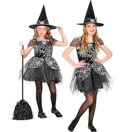 W WIDMANN MILANO Party Fashion - Kinderkostüm Hexe, 2-teilig, Kleid und Hut, Schwarz-Silber, Spinnen-Netz, Märchen, Kostüm, Verkleidung, Mottoparty, Karneval, Halloween