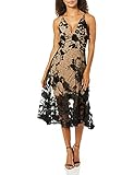 Dress the Population Damen Audrey Spaghetti Strap MIDI A-LINE 3D FLORAL Dress Kleid fr besondere Anlsse, Schwarz/Nude, X-Klein