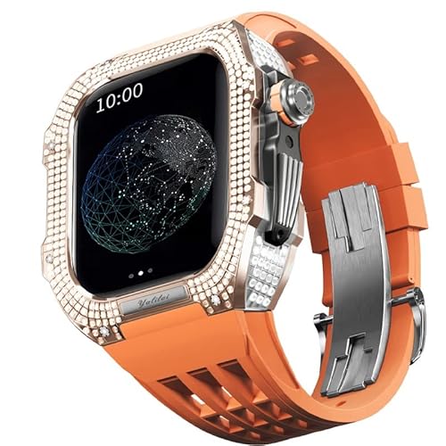 TONECY Edles Titangehäuse und Gummiband, kompatibel mit Apple Watch 45 mm, Lünette aus Titanlegierung und Fluorkautschuk-Band für iWatch Serie 8, 7, 45 mm Umbauset (Farbe: Orange 4, Größe: 45 mm)