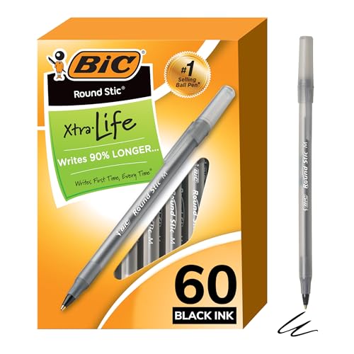 BIC Round Stic Xtra Life Kugelschreiber, Mittelgroße Spitze 60 count Schwarz