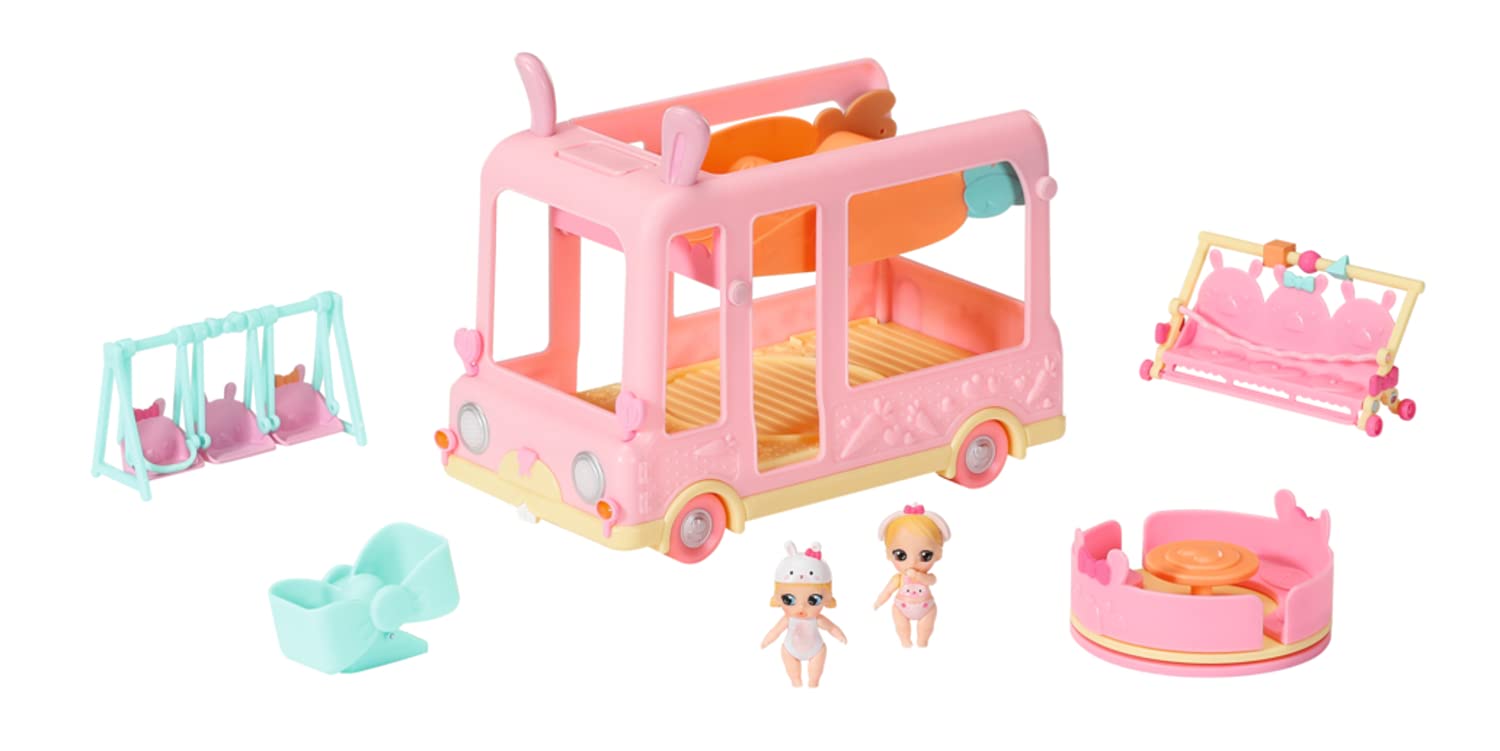 BABY born 904763 Surprise Babies Bus - rosa Spielzeugbus für kleine Mini Puppen mit 2 exklusiven Püppchen, Drillingsbuggy, Wippe, Karussell, Rutsche und Drillingsschaukel.