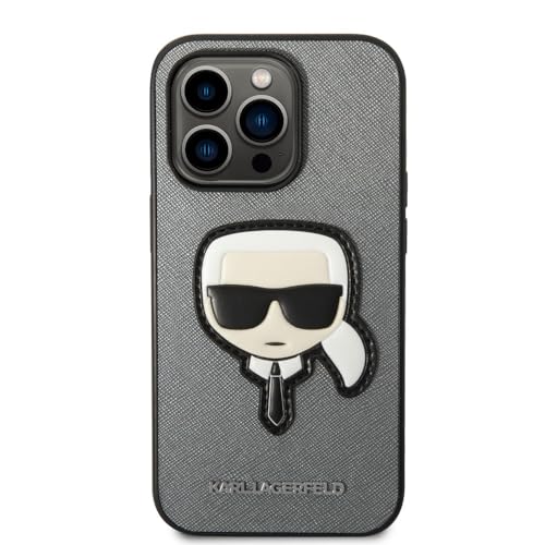 Karl Lagerfeld KLHCP14XSAPKHG Hülle für iPhone 14 Pro Max 6,7" Silber hardcase Saffiano Karl`s Head Patch