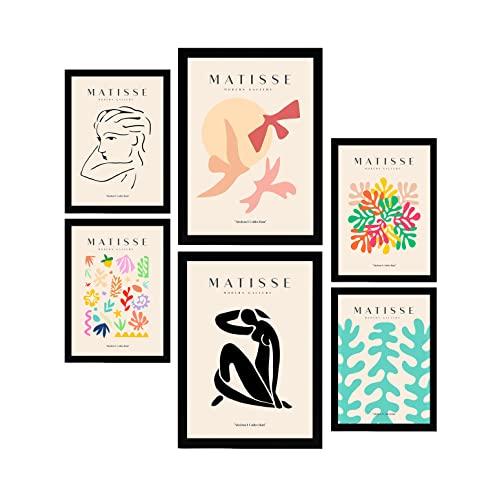 Nacnic Set mit 6 Henri Matisse Postern. Freiheit. Drucke des Fauvismus und der abstrakten Kunst für Innenarchitektur und Dekoration. Tamaños A3 & A4, Marco Negro.