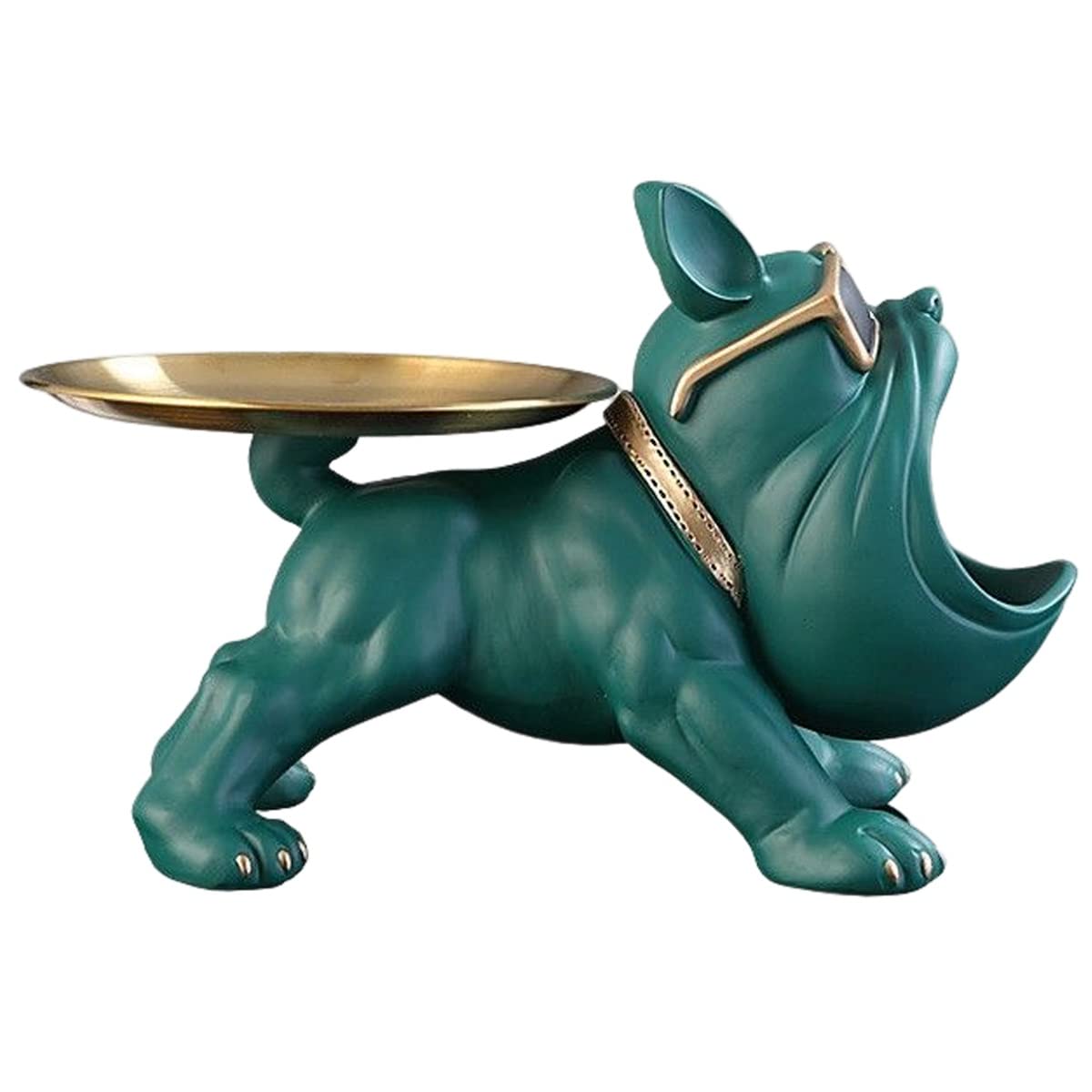 Coole Bulldogge Deko Französische Bulldogge Skulptur Hunde-Statue Aus Kunstharz Welpe DekorationMit Edelstahl Tablett Für Schlüssel Organizer Süßigkeiten Aufbewahrungsbox Tischdekoration (Color : Grü