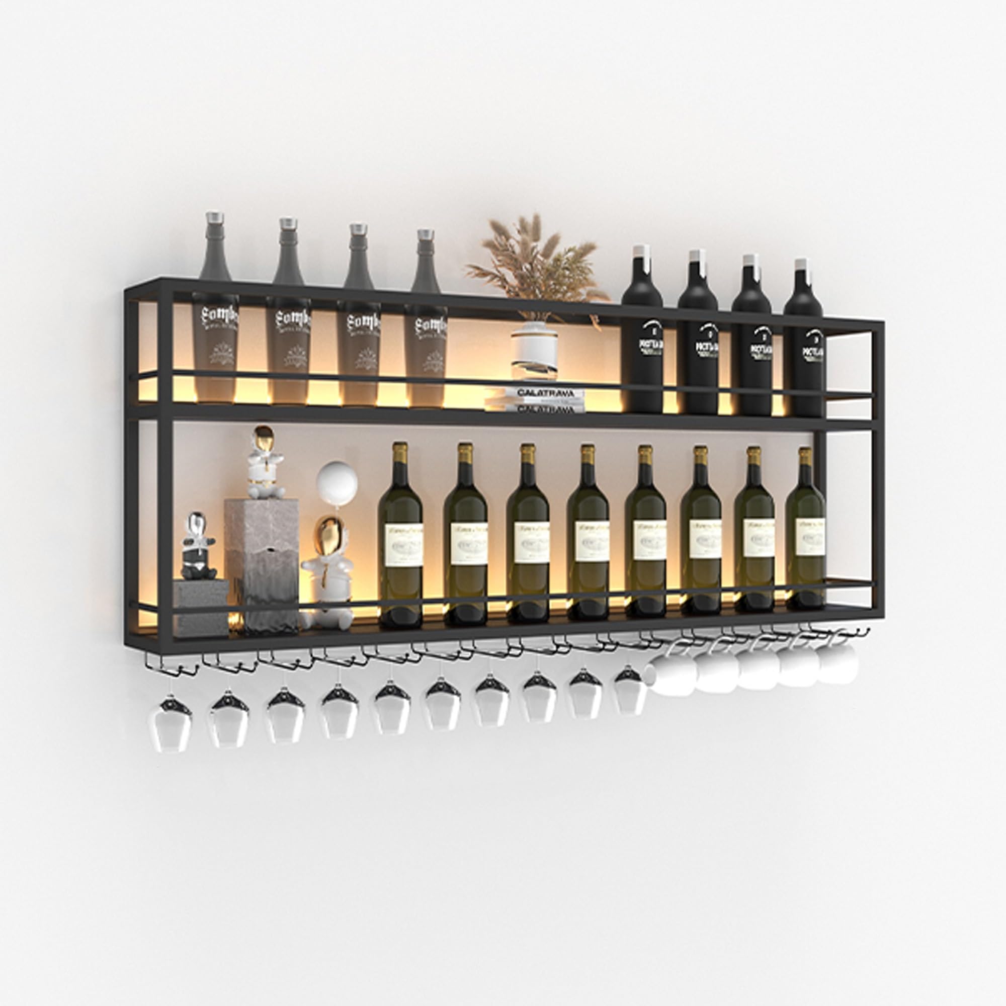 HSJFS Metall Wein Rack Bar Regale Wand Montiert Mit Hängendem Wein Glas Rack Halter Mini Bar Liquor Schrank Bar Flasche Display Regal Floating Bar Whiskey Regal Küche Regale Für Home Bar Esszimmer Caf