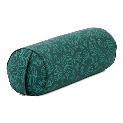 Bodhi Yoga Bolster Ø 23 cm | Maharaja Collection | Abnehmbarer & Waschbarer Bezug aus 100% Baumwolle | mit Bio-Dinkelfüllung | Yogakissen für Restorative & Yin Yoga (Bodhi Leaves/Deep Green)