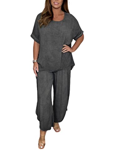 WINDEHAO 2-teiliger Hosenanzug mit Ärmeln für Frauen,Hosen mit lockeren,fließenden Ärmeln,Plus Size 5XL 2 Piece Solid Color Suit (Grey,XXXL)