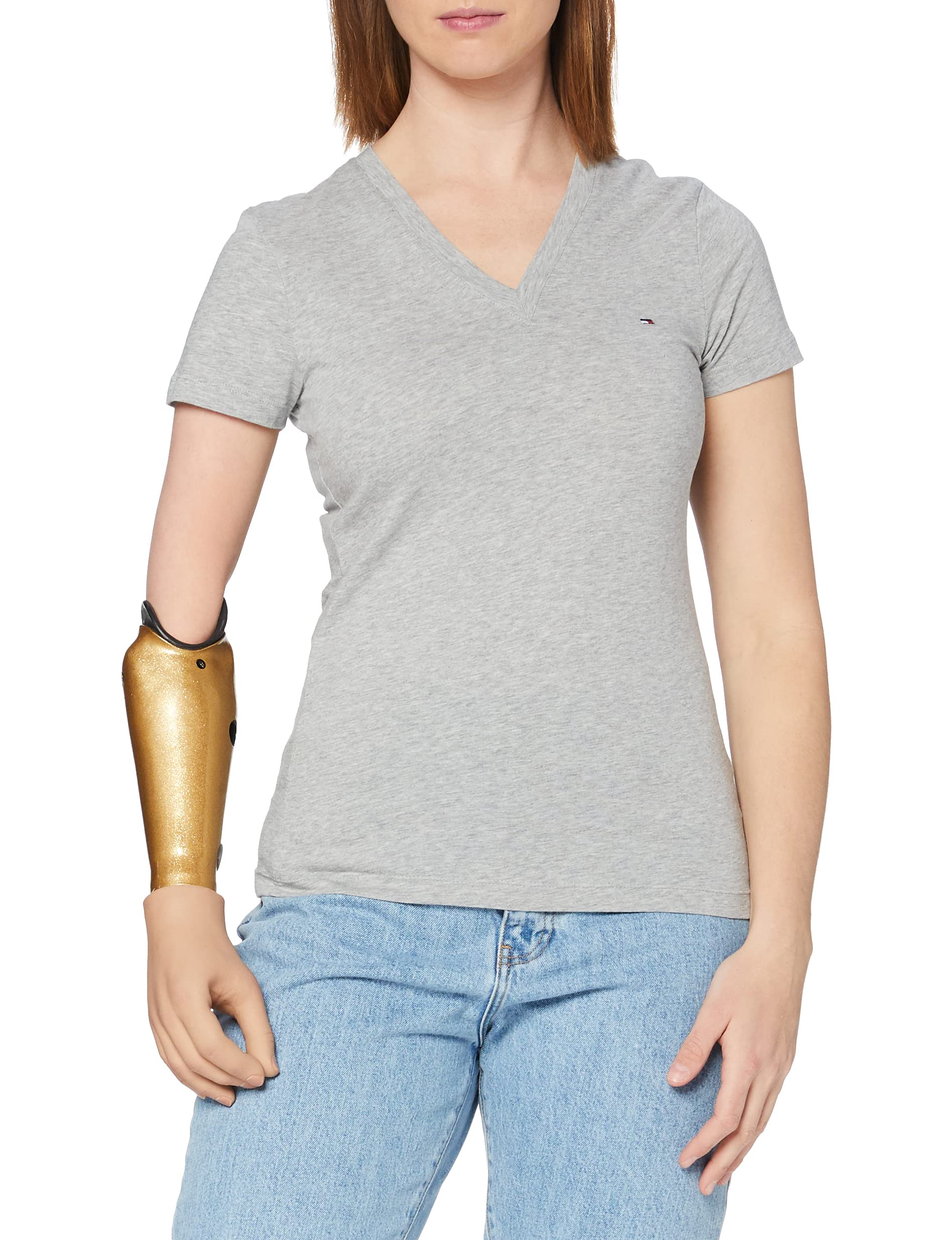 Tommy Hilfiger Damen T-Shirt Kurzarm Heritage V-Ausschnitt, Grau (Light Grey Heather), XS