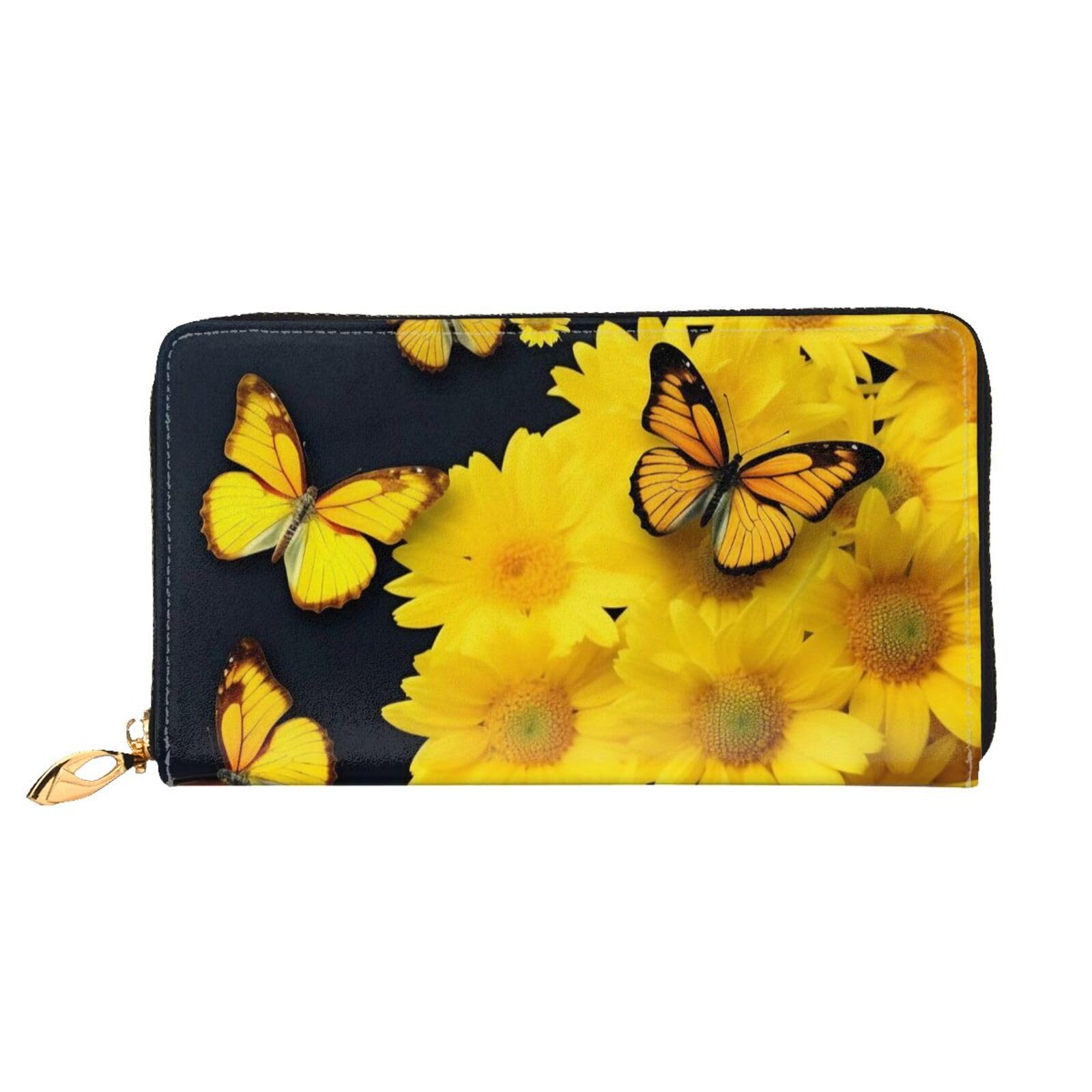 DENMER Gelbe Blumen Schmetterlinge Leder Geldbörse Kunstleder mit metallischem Reißverschluss geräumiges und stilvolles Accessoire für moderne Frauen Produkt, Gelbe Blumen und Schmetterlinge,