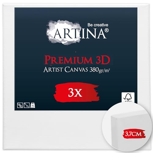 Artina 3er Set 3D Premium 20x20 cm Keilrahmen – Holz Keilrahmen Leinwand 100% Baumwolle Leinwand 3-Fach weiß vorgrundiert – Leinwände zum Bemalen 380 g/m² - Extrabreiter, bespannter Keilrahmen