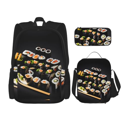 WURTON Japanische Sushi-Lunchbox, Federmäppchen, Rucksack-Set, 3-teilig, verstellbare Riemen, langlebig, leicht, Schwarz, One Size