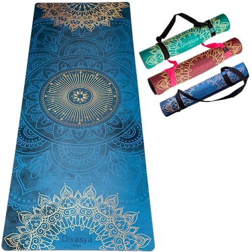 DIVASYA Premium nachhaltige Yogamatte rutschfest: Naturkautschuk rutschfest & saugstarke Mikrofaser-Oberfläche, extra-breit, extra-dick (183x68x0,5cm), Tragegurt & Strap, Yoga Matte schadstofffrei