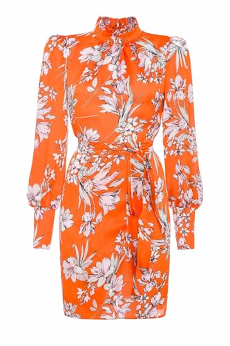 Swing Fashion Orangefarbenes Langärmeliges Geblümtes Minikleid Sabrina | Größe 38 | Ideal für Partys, Abendessen, Ausgehen mit Freunden