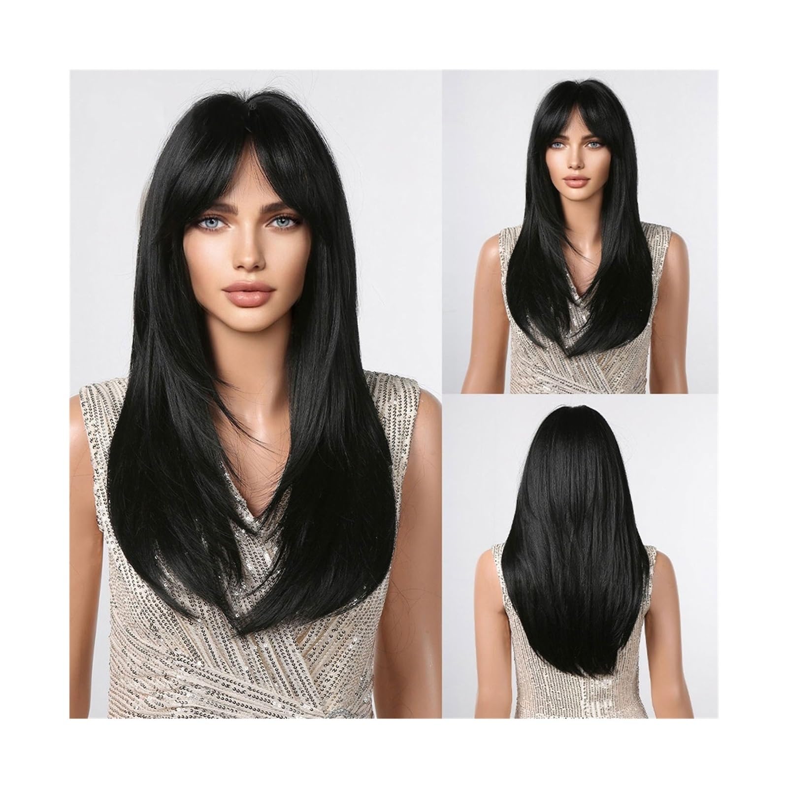 Perücken Natürliche Haare for Frauen, tägliches Cosplay, hitzebeständig, dunkelbraun, schwarz, synthetische Perücken mit Pony, mittellang, gerade geschichtet Damenperücke(Wig LC2068-8)