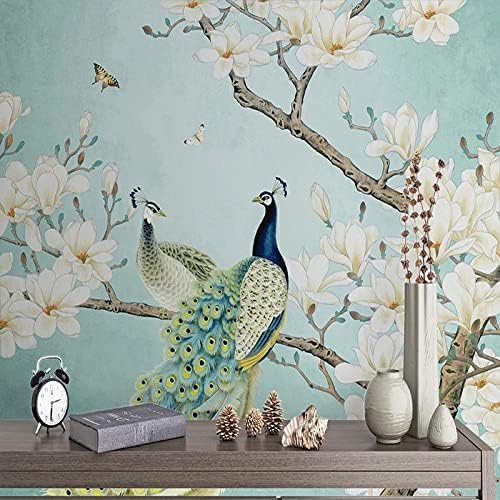 XLMING Pfau Und Vogel (Redewendung); Reiche Familie Mit Blumen Und Vögeln Küche Esszimmer Arbeitszimmer Wohnzimmer TV Hintergrund Wand 3D Tapete-150cm×105cm