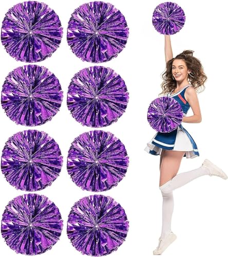 8er-Pack Pom Poms Cheerleading, Flauschige Cheerleader-Pompons mit fingerfreundlichem Ring, metallische Pom Poms Cheerleading für Kinder Erwachsene Sportwettbewerb Feiertagsfeier, Lila