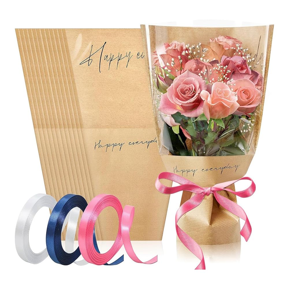 Begchy 60 Stück Blumenbeutel für Blumensträuße, Geschenkbeutel Aus Kraftpapier, Blumenstrauß-Sets für Blumenarrangements, Barbedarf, Floristen