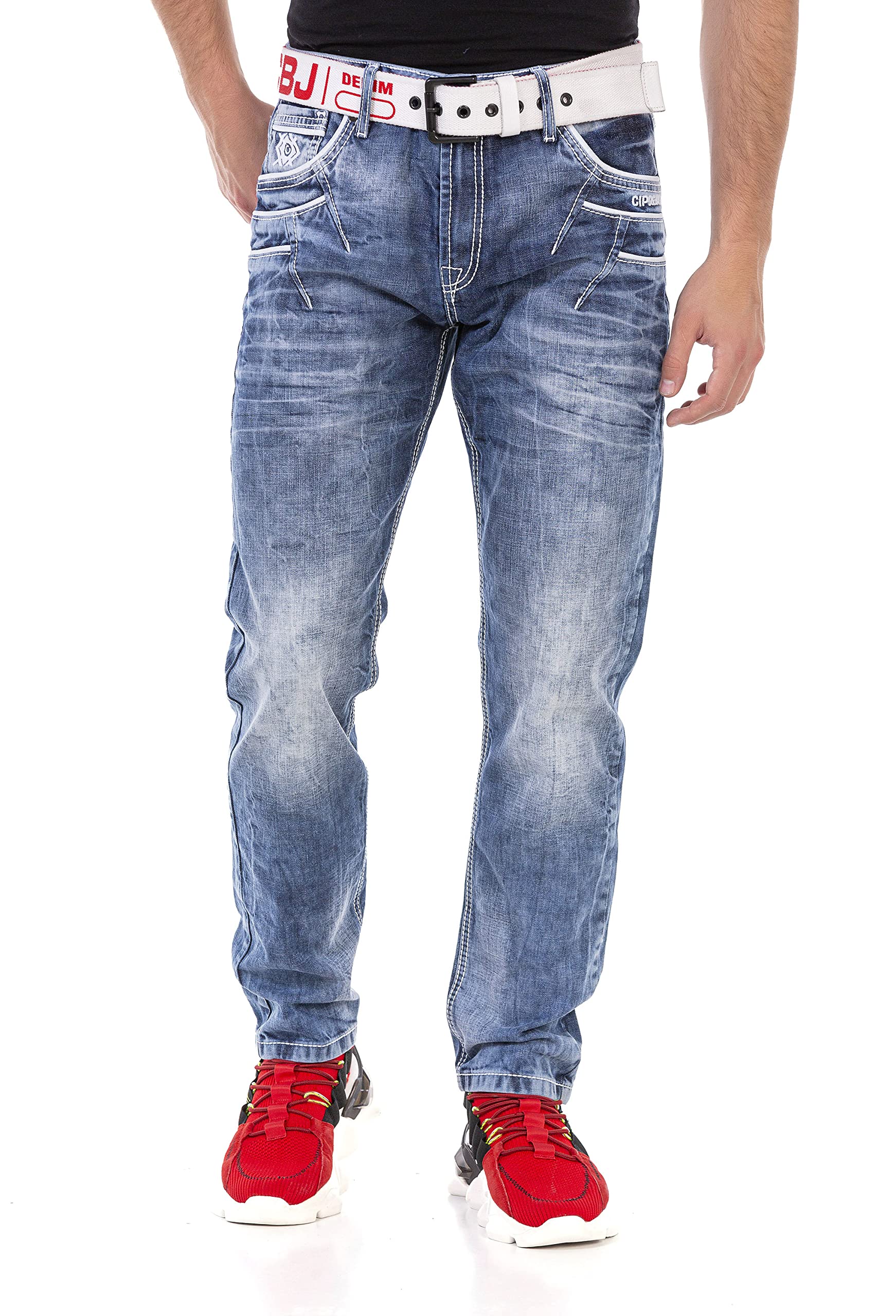 Cipo & Baxx Herren Straight Fit Jeanshose Nahtdetails Denim Pants Regular CD723 Blau W32 L34