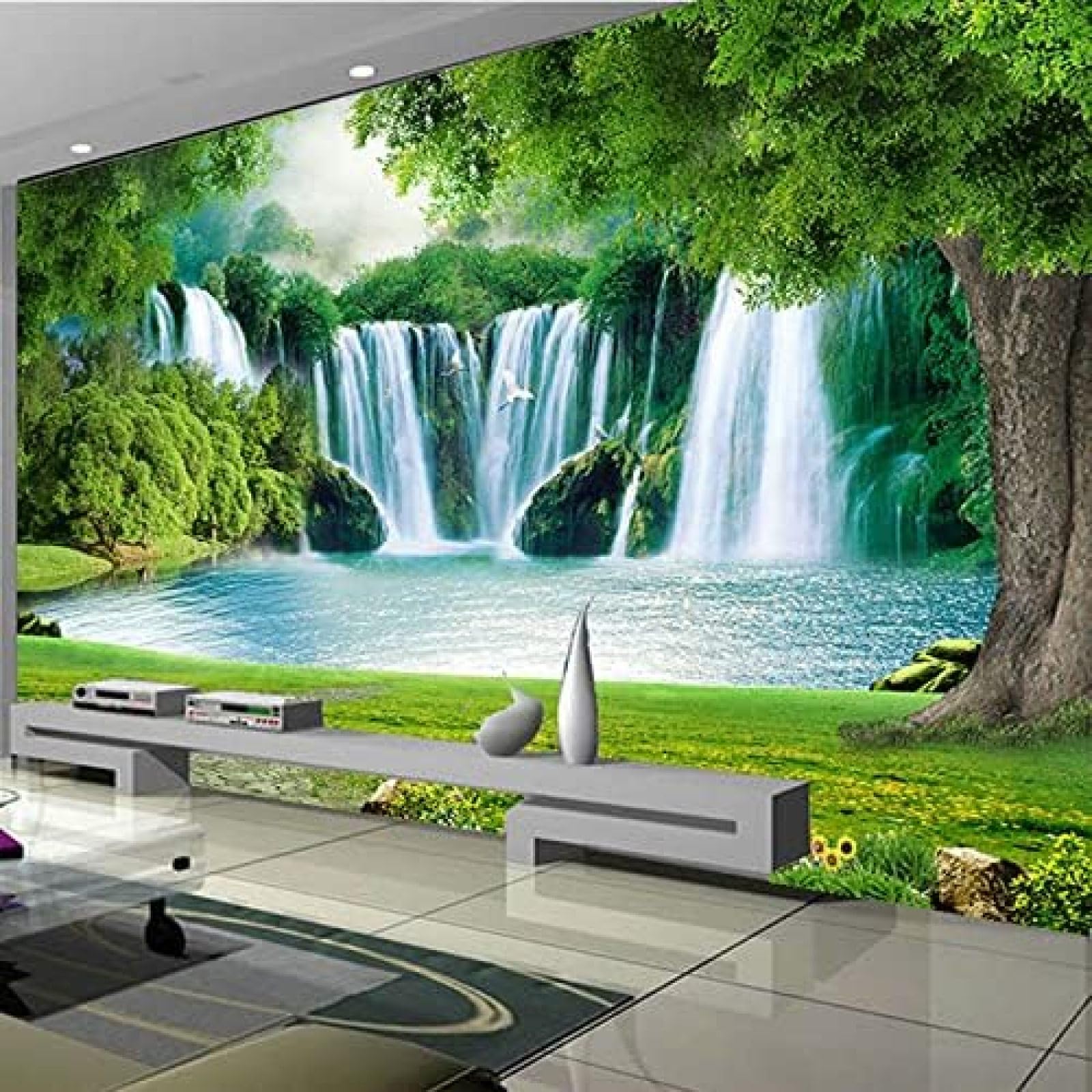 XLMING Wasserfall Wiese Grüne Landschaft 3D Tapete Wohnzimmer Sofa Schlafzimmer Esszimmer Home Dekoration Wand-350cm×256cm