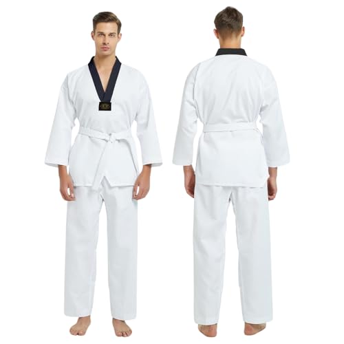 Rewon Gear Taekwondo Anzug - Schwarz BK V-Ausschnitt Dobok Weiß Uniformen, Kimono Taekwondo Karate MMA Kampfsport Kung Fu Training Wettkampf Kleidung für Männer Frauen Kinder Ohne Gürtel