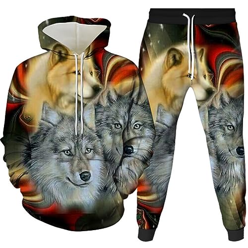 RIAAJ 3D Wolf Jogginganzug Herren Jogging Sportanzug Fitness Sporthose Hose Hoodie Herren Trainingsanzug Zweiteiliges Set Freizeitanzug mit Löwen Tigermuster Sportsw (A9,XL)