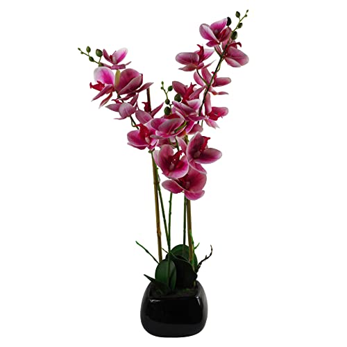 Künstliche Orchidee mit Blättern, 70 cm, Dunkelrosa mit schwarzem Keramik-Pflanzgefäß, gemischte Materialien