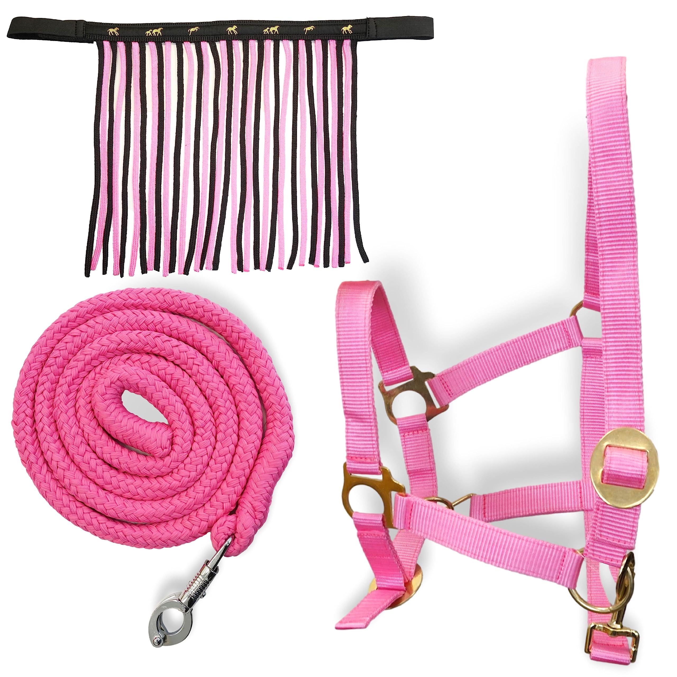 Halfter für Pferde mit Führstrick & Fliegenfransen Pferd, Halfter mit Strick - Halfter Pony Shetty Halfter Cob Full Kb (Kaltblut (X-Full), Schwarz-Pink + Schwarz + Pink)