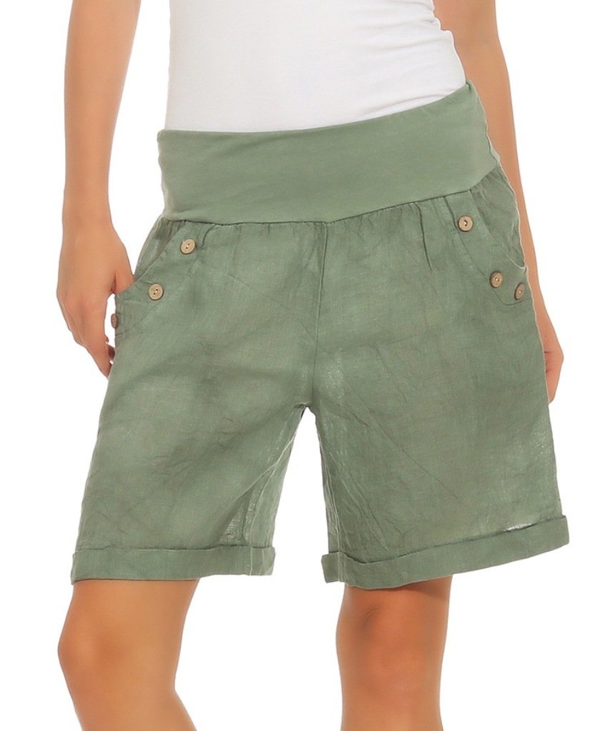 Mississhop 280 Damen Leinenshorts Bermuda lockere Kurze Hose Freizeithose 100% Leinen Shorts mit DREI Knöpfen Sommer Strand Oliv XL