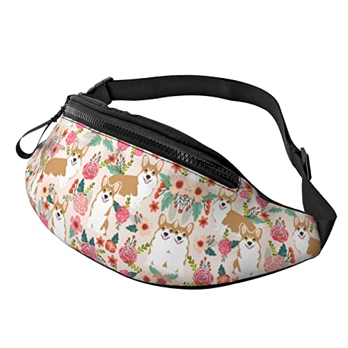 Corgi Hüfttasche mit Blumenmuster für Damen und Herren, Hüfttasche für Reisen, Yoga, Fitnessstudio, für Outdoor, Workout, Sport, Reisen, Laufen, Schwarz , Einheitsgröße