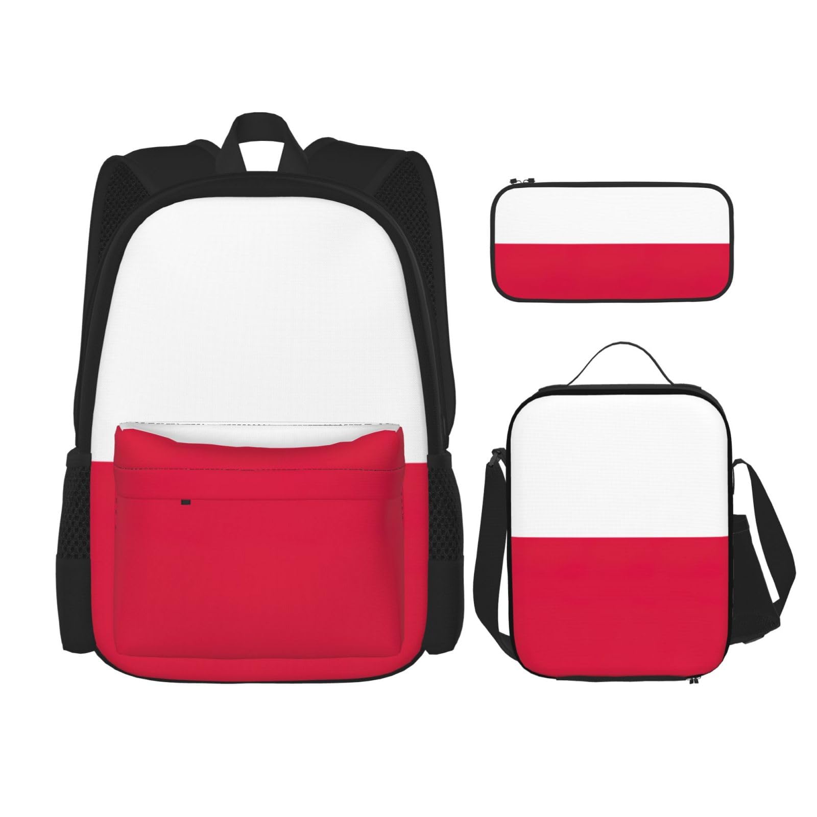 WURTON Trendige Rucksacktaschen mit polnischer Flagge, Lunchbox, Federmäppchen, 3-in-1, verstellbares Rucksack-Set, Schwarz, Einheitsgröße, Schwarz , Einheitsgröße