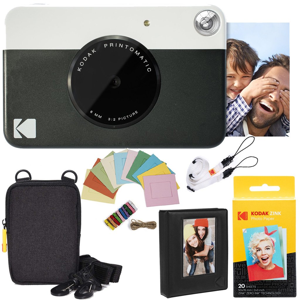 KODAK Printomatic Sofortbildkamera (Schwarz) Paket + Zinkpapier (20 Blätter) Etui + Fotoalbum + Hängerahmen + Bequemer Halsriemen