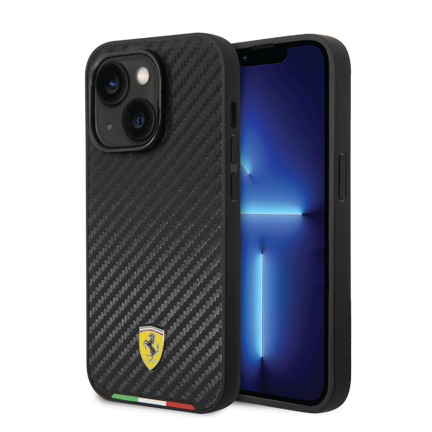 CG MOBILE Ferrari Handyhülle für iPhone 14 Plus in Schwarz mit italienischer Flaggenlinie, PU-Leder-Schutzhülle und strapazierfähigem Case mit einfachem Schnappverschluss, Stoßdämpfung und