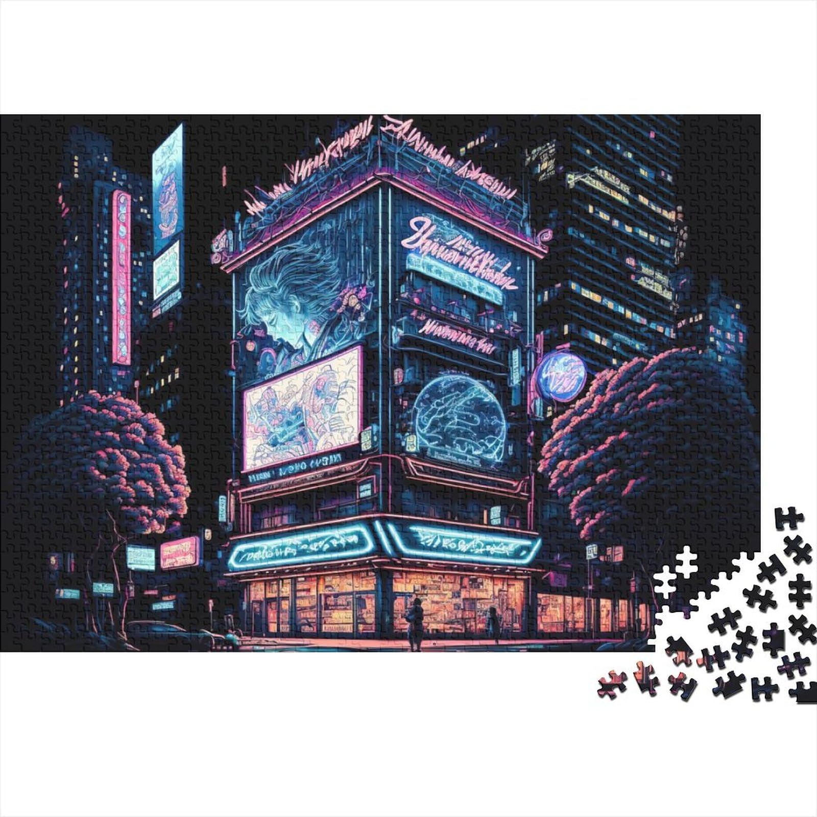 Tokio, Japan, Neon-Holzpuzzle für Erwachsene und Teenager, 1000 Teile für Erwachsene, schwierige Puzzles, interessante Puzzles zur Stressreduzierung (Größe 75x50cm)