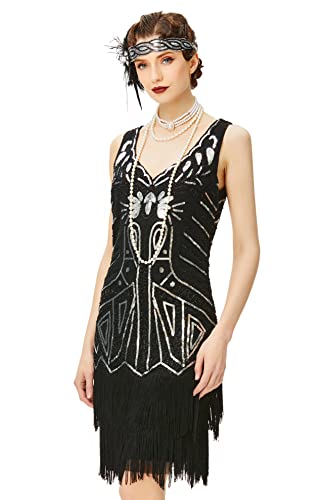 BABEYOND Damen Retro 1920er Stil Flapper Kleider mit Zwei Schichten Troddel V Ausschnitt Great Gatsby Motto Party Kostüm Kleider- Gr. S (Fits 74-84 cm Waist & 92-102 cm Hips), Schwarz