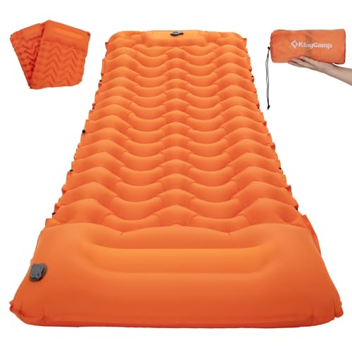 KingCamp Ultraleichte Isomatte Camping luftmatratze mit integrierten kopfkissen Outdoor campingmatte schlafmatte kleines packmass mit Fußpumpe, Kräftigorange