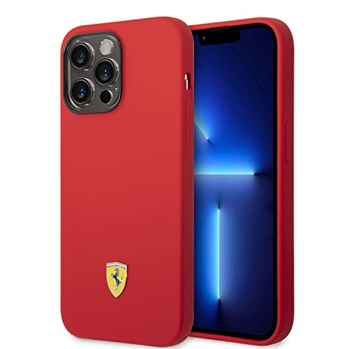 Ferrari Handyhülle für iPhone 14 Pro Max in Rot mit schwarzer Kameraumrisse, flüssiges Silikon glatt & kratzfest Schutzhülle mit einfachem Snap-on, Stoßdämpfung & Signatur-Logo