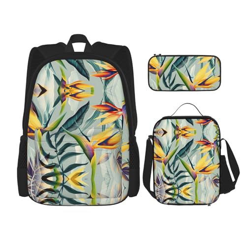 WURTON Rucksack-Set mit tropischen Landschafts-Druck, verstellbare Schultergurte, Lunch-Tasche, Federmäppchen, Kombinationstaschen-Set