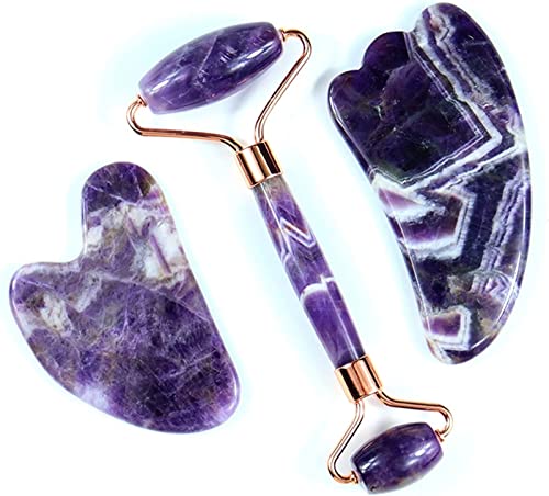 Amethyst Rough Stone Face Care Massage Werkzeug Amethyst Roller Gua SHA Massage Set natürlicher Kristall Jade Massager Gesichtsbehörde Halshaut Haut Schönheit Entgiftung (Color : 3 Pcs)