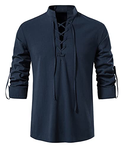 Idopy Herren Retro Schnürung Punk Renaissance Mittelalter Tops Pullover Henley Shirt, blau, XL