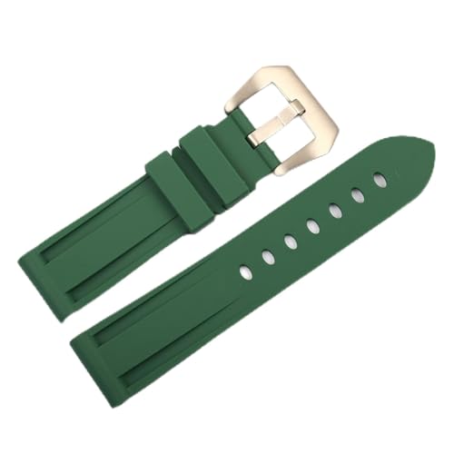 LOUPKC MINGSHAN 22mm 24mm 26mm Gummi Uhr Band Wasserdichte Uhr Silikon Uhr Armband schwarz, blau, grün, orange, weißes Uhrenband (Color : Green Silver buckle, Size : 24mm)