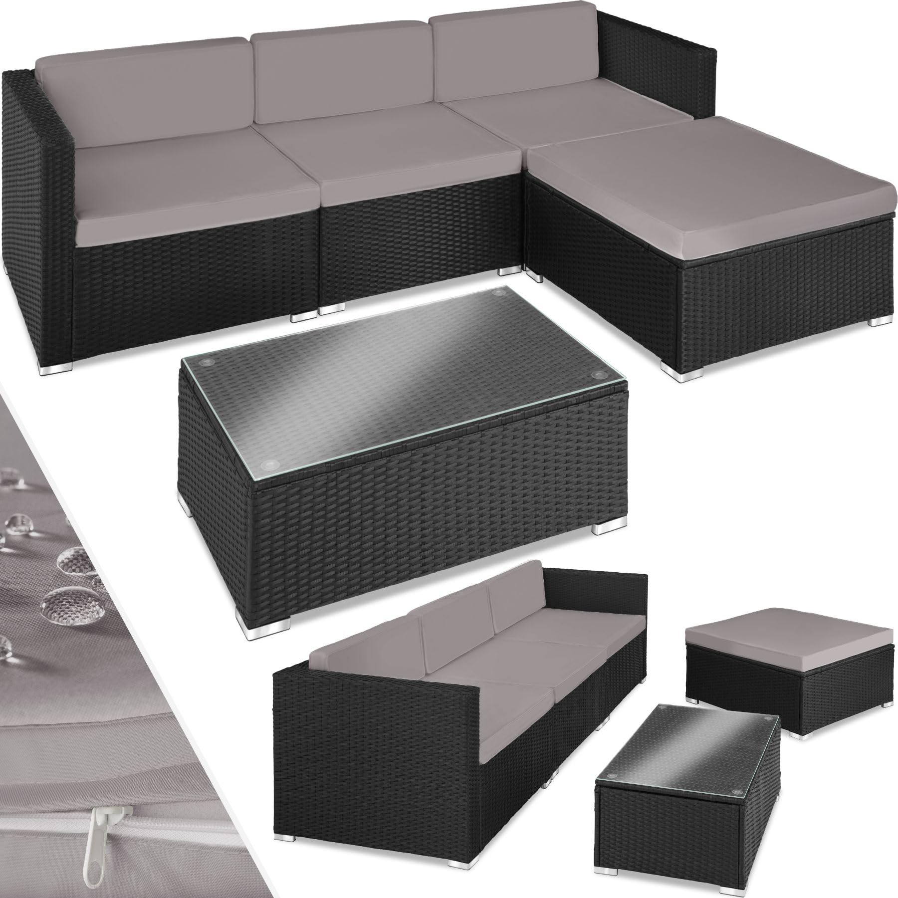 tectake Polyrattan Lounge inkl. Sitzkissen, Rückenkissen und Glastisch, Balkon Möbel, Lounge Gartenmöbel Set für die Terrasse, den Balkon oder den Garten - schwarz/grau