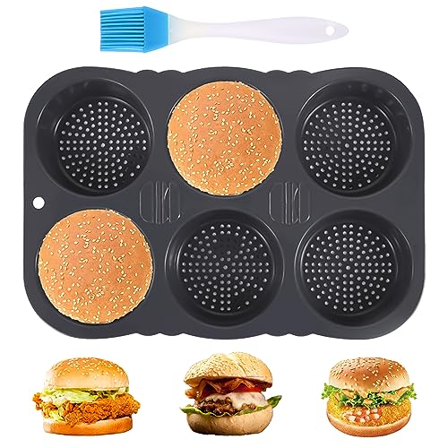 Toothbace Hamburger Brotform, 6 Löcher Non Stick Hamburger Brötchenpfanne mit Silikonölbürste, Burger Buns Backform Silikon Rund 10 cm Ø, für Brot, Burgerbrot und Muffins (A-6 Loch)