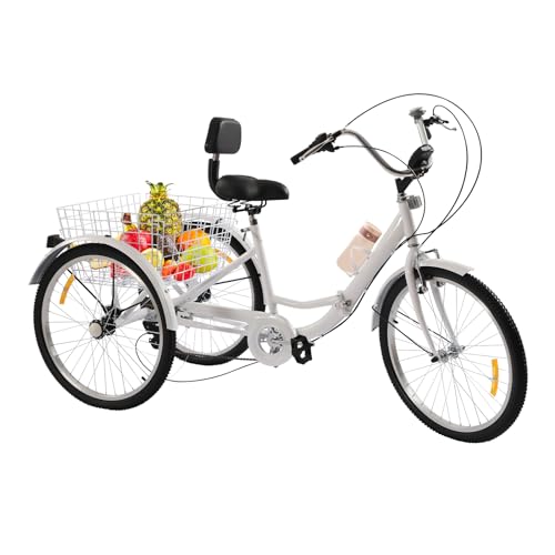 MIIWWOWO 24 Zoll Dreirad für Erwachsene Dreirad Fahrrad Erwachsene Dreiräder Fahrrad mit 3 Rädern für Erwachsene, 7 Gang Dreirad Klappbar Tricycle for Adults mit Korb & Licht (Weiß)