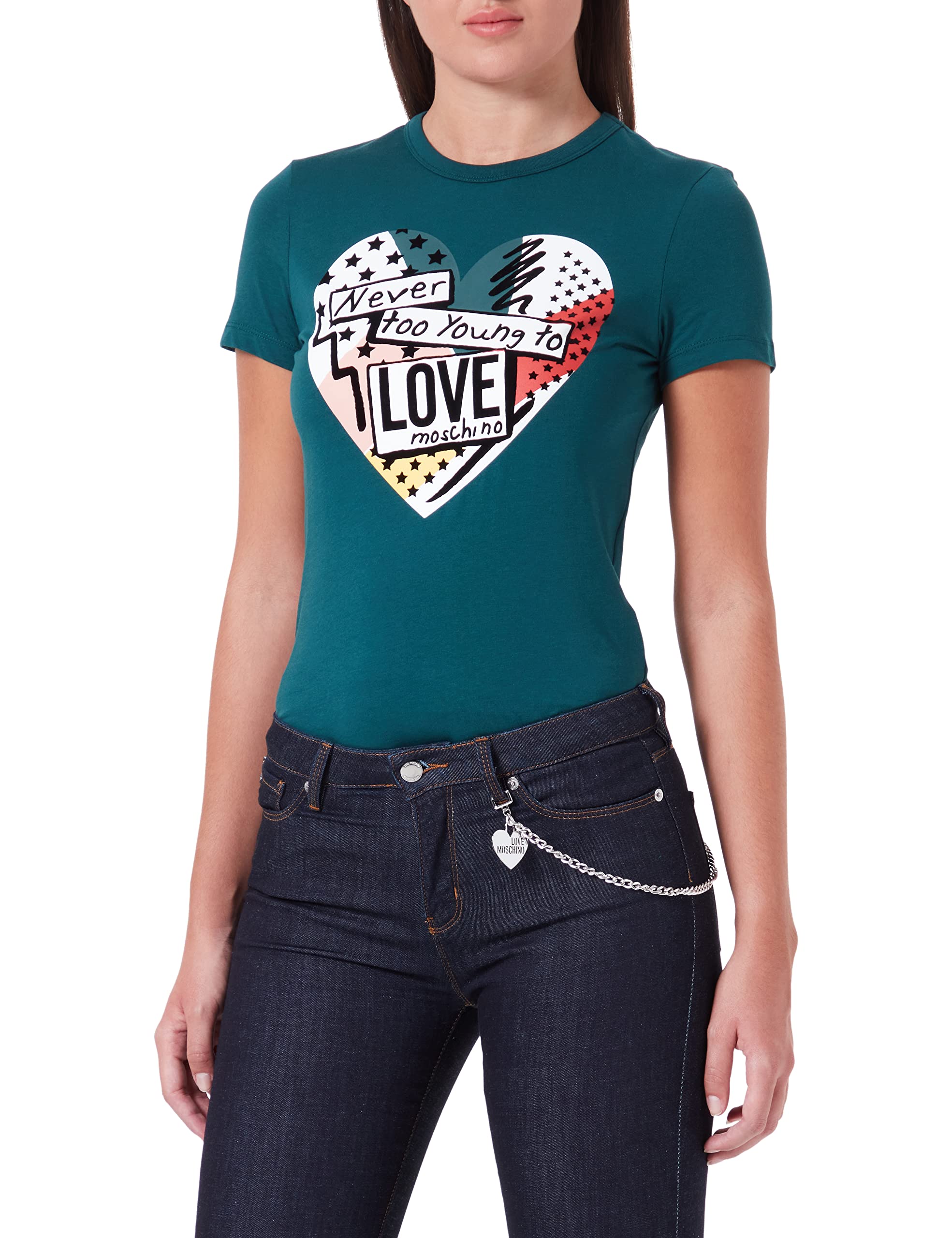 Love Moschino Damen Slim Fit Short Sleeves T-shirt With Patchwork Heart Print T Shirt, Grün, 38 EU