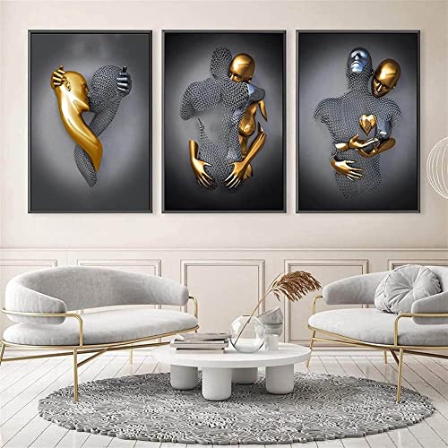 TROONZ 3PCS Grau Bild Leinwand Kunst Wand, Liebesherz 3D Effekt, Paare, Metallkunst Set, abstrakte Metallfigur Skulptur Dekomit DIY-Rahmen (Size : 40 * 60cm)