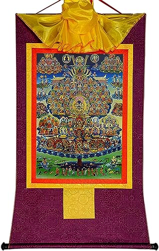 Buddhistischer Wandteppich, Thangka-Wandteppiche, Karma Kagyu auf Zufluchtsbaum, Kamtsang Kagyu, Gyalwa Karmapa, tibetische Thangka-Malkunst, Buddha-Wandteppich mit Schriftrolle (Farbe: Blau, Größe: K