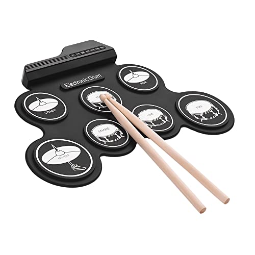 Sasuori USB-Roll-Batterie-Set aus Silikon, kompakt, digital, 7 Pads für Batterien mit Pedal-Stäbchen