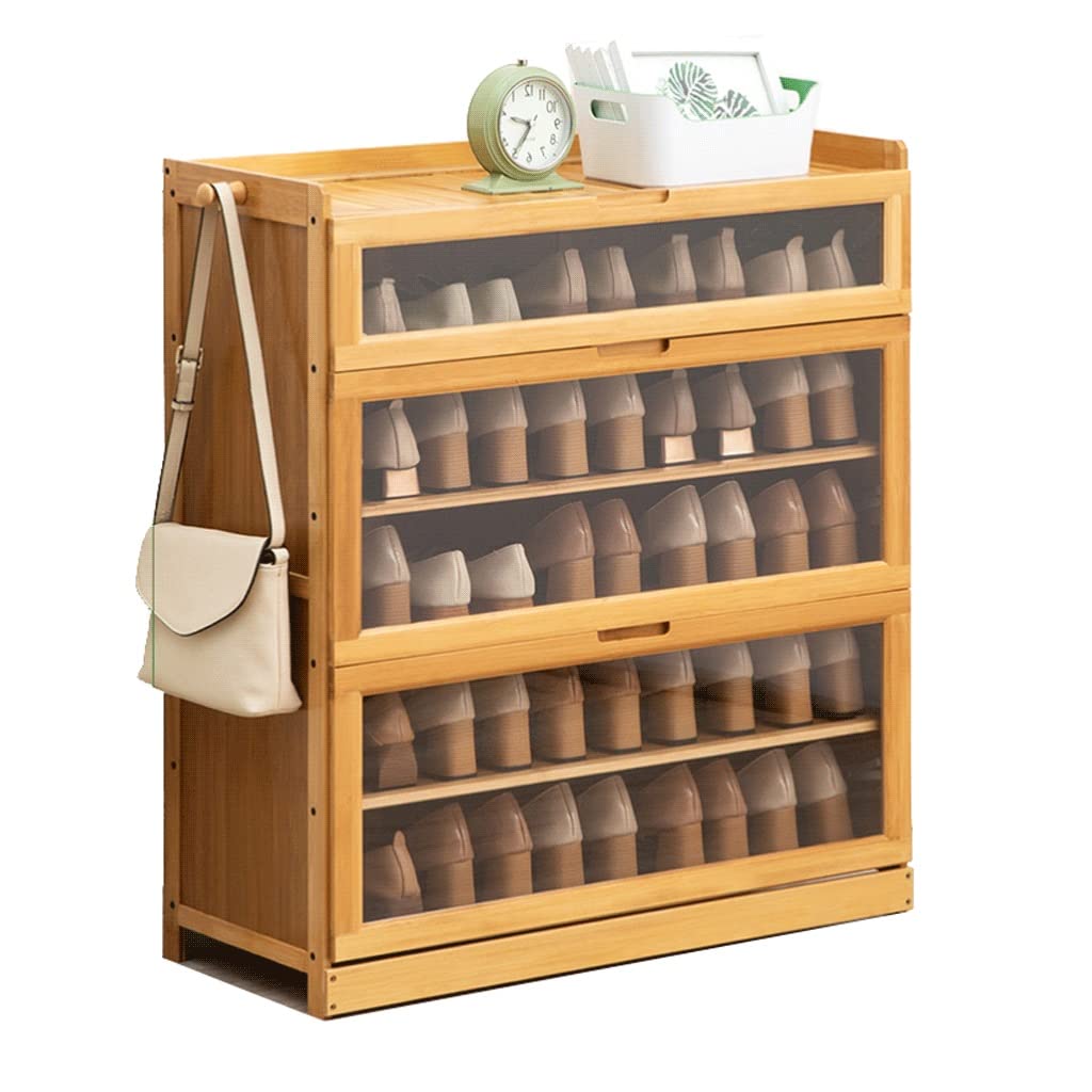 YIHANSS Schuhregal einfache Schuhregale Schuhregal-Organizer aus Holz 5-stufiges Schuhregal mit Klapptür und Haken auf beiden Seiten und Acryltür 22 Paar Turmregal Schrankständer Schuhregal-Organizer